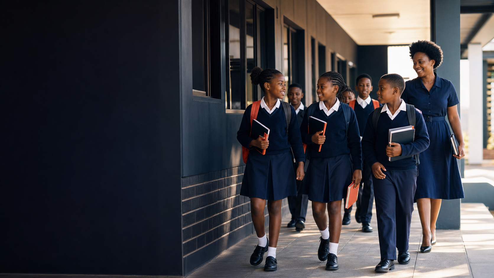 Learners and their teacher walking through school